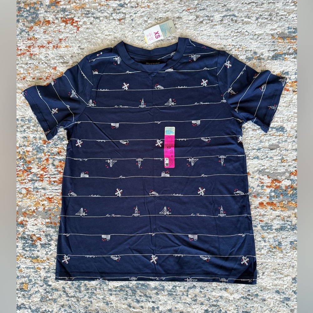 NWT Primark Navy Blue Graphic Tee - 100% Cotton, Size XS